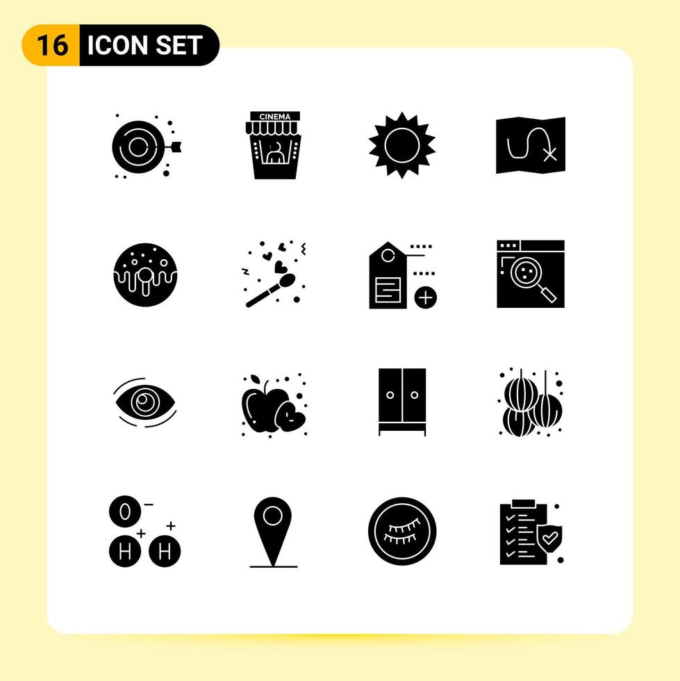 pictogram reeks van 16 gemakkelijk solide glyphs van donut toetje kamille doelwit kaart bewerkbare vector ontwerp elementen