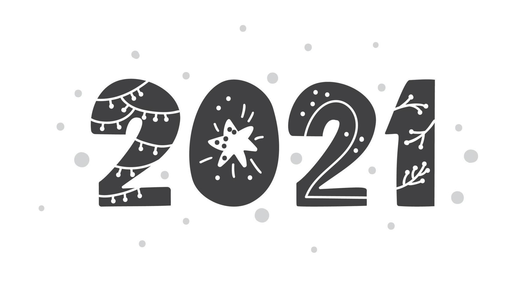 gelukkig nieuwjaar 2021 logo tekstontwerp scandinavische stijl. zwart-witte kleur. eenvoudige decoratie op platte ontwerpstijl. pictogram voor nieuwjaar vieren. vector