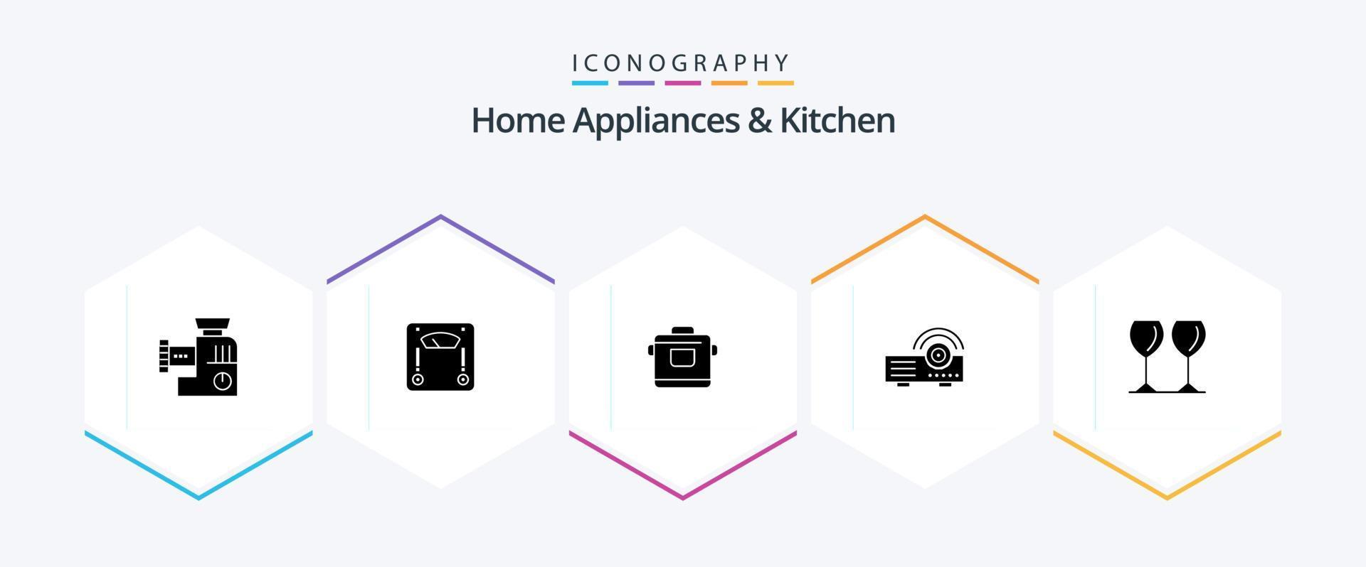 huis huishoudelijke apparaten en keuken 25 glyph icoon pak inclusief keuken. hotel. weging. rijst. kookplaat vector