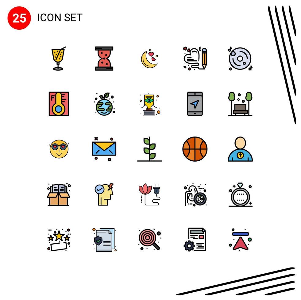 25 gebruiker koppel gevulde lijn vlak kleur pak van modern tekens en symbolen van multimedia CD liefde schijf pen bewerkbare vector ontwerp elementen