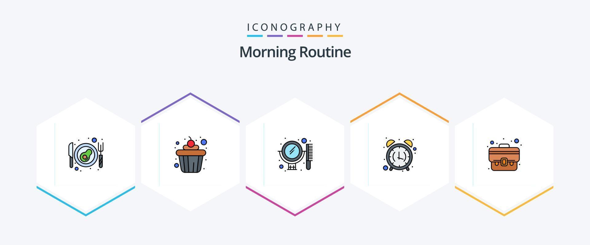 ochtend- routine- 25 gevulde lijn icoon pak inclusief koffer. bedrijf. spiegel. kantoor. klok vector