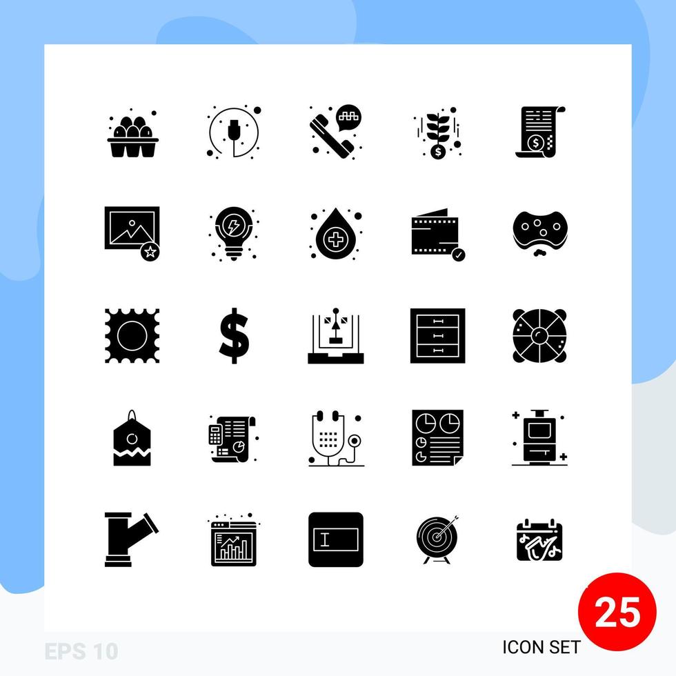 modern reeks van 25 solide glyphs pictogram van dollar het dossier telefoon telefoontje geld investering bewerkbare vector ontwerp elementen