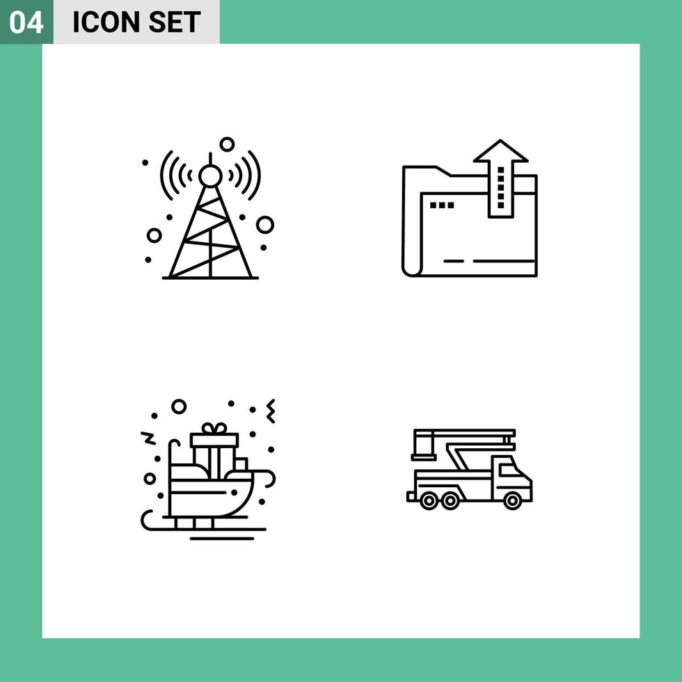 pictogram reeks van 4 gemakkelijk gevulde lijn vlak kleuren van communicatie toren de kerstman claus map opslagruimte slee bewerkbare vector ontwerp elementen