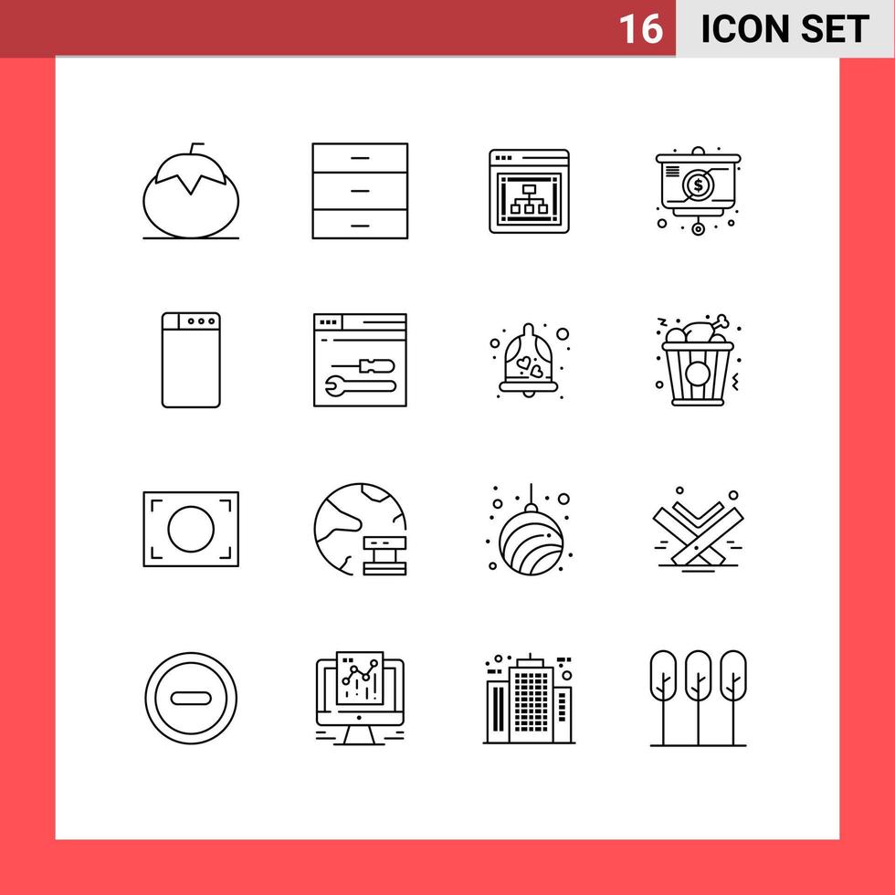 universeel icoon symbolen groep van 16 modern contouren van machine tabel interieur strategie server bewerkbare vector ontwerp elementen