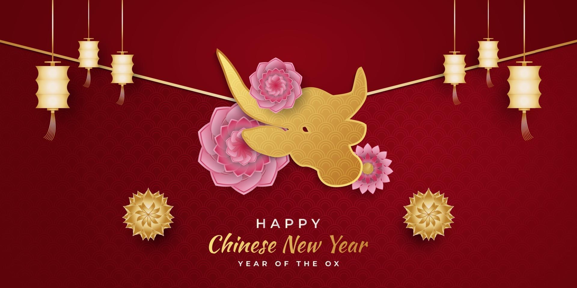 chinees nieuwjaar 2021 jaar van de os. gelukkige nieuwe maanjaarbanner met gouden os en lantaarn en kleurrijke bloemornamenten op rode achtergrond vector