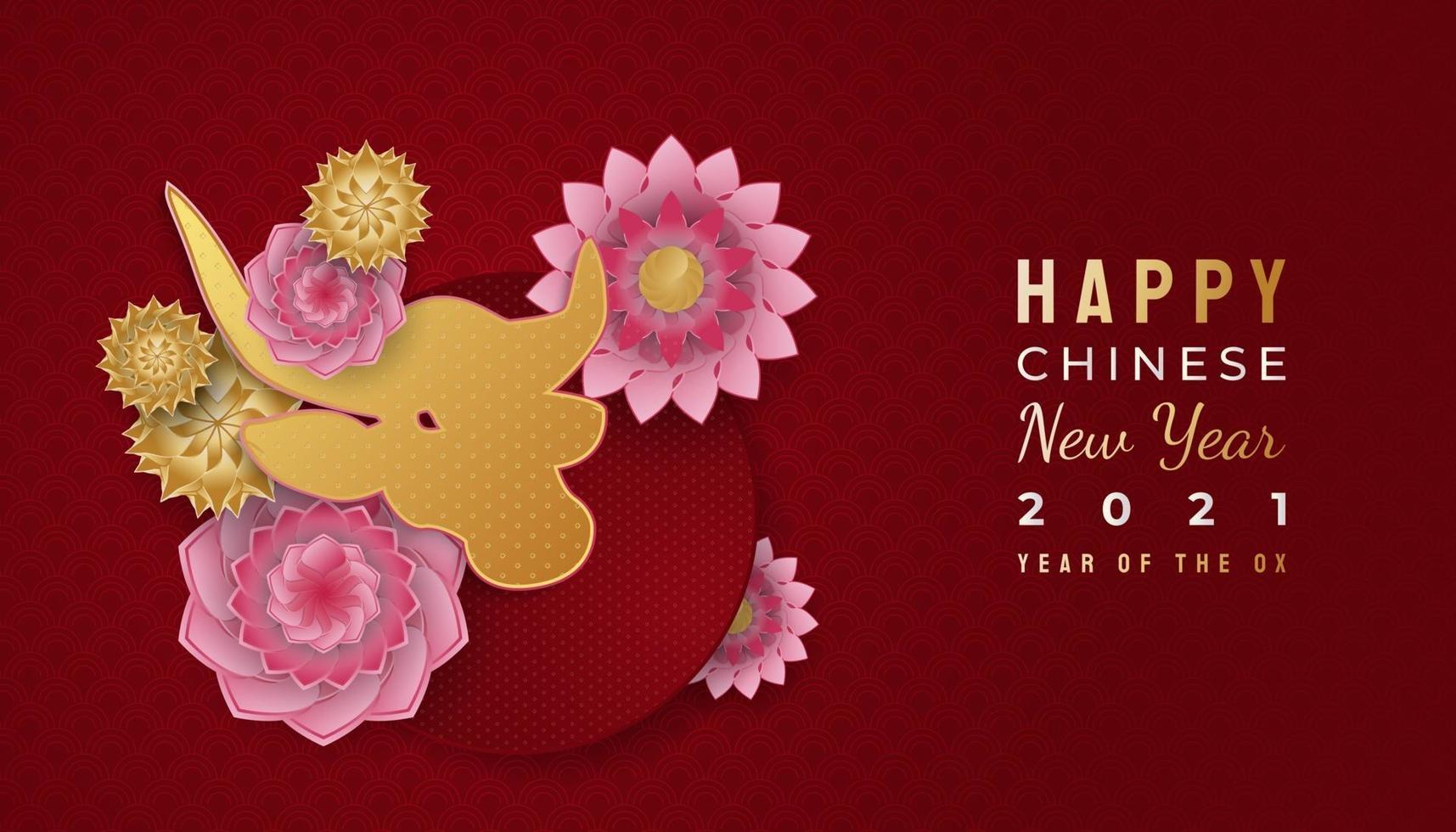 chinees nieuwjaar 2021 jaar van de os. gelukkige nieuwe maanjaarbanner met gouden os en kleurrijke bloemornamenten op rode achtergrond vector