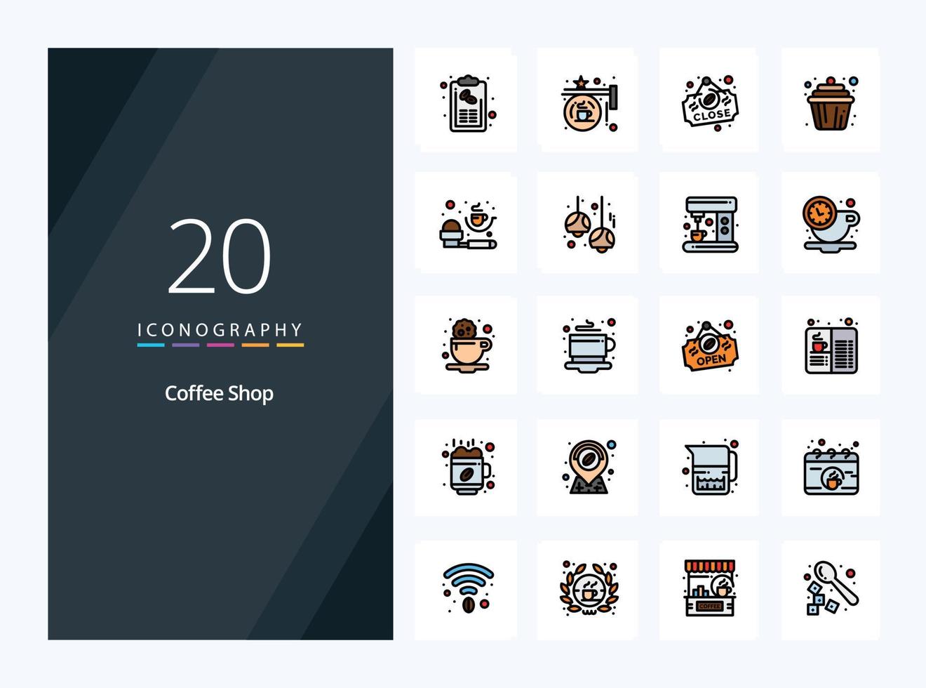 20 koffie winkel lijn gevulde icoon voor presentatie vector