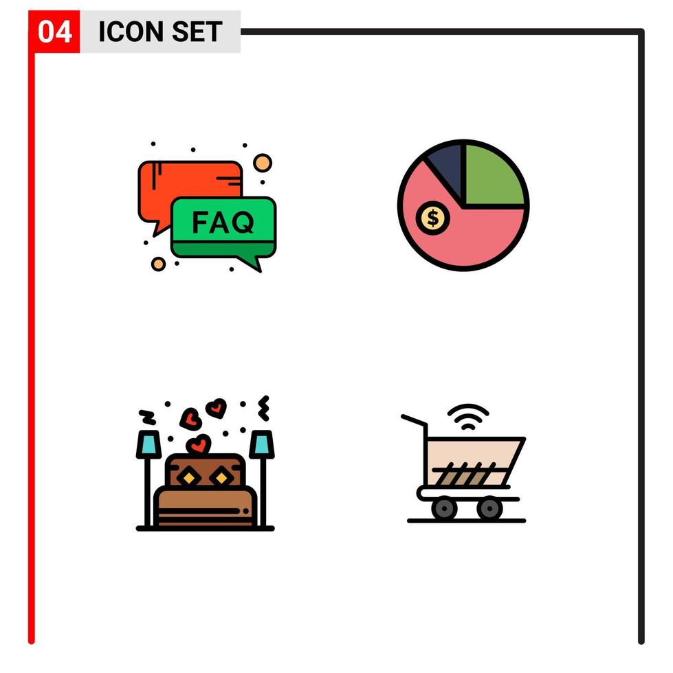 modern reeks van 4 gevulde lijn vlak kleuren pictogram van FAQ bed ondersteuning gegevens liefde bewerkbare vector ontwerp elementen