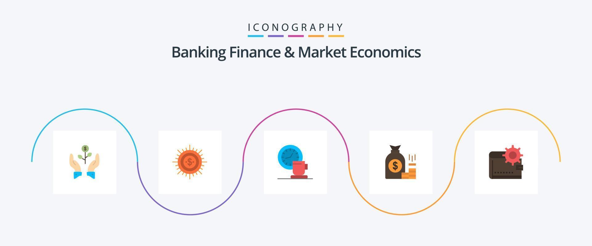 bank financiën en markt economie vlak 5 icoon pak inclusief tijd. pauze. begroting. koffie. besteden vector