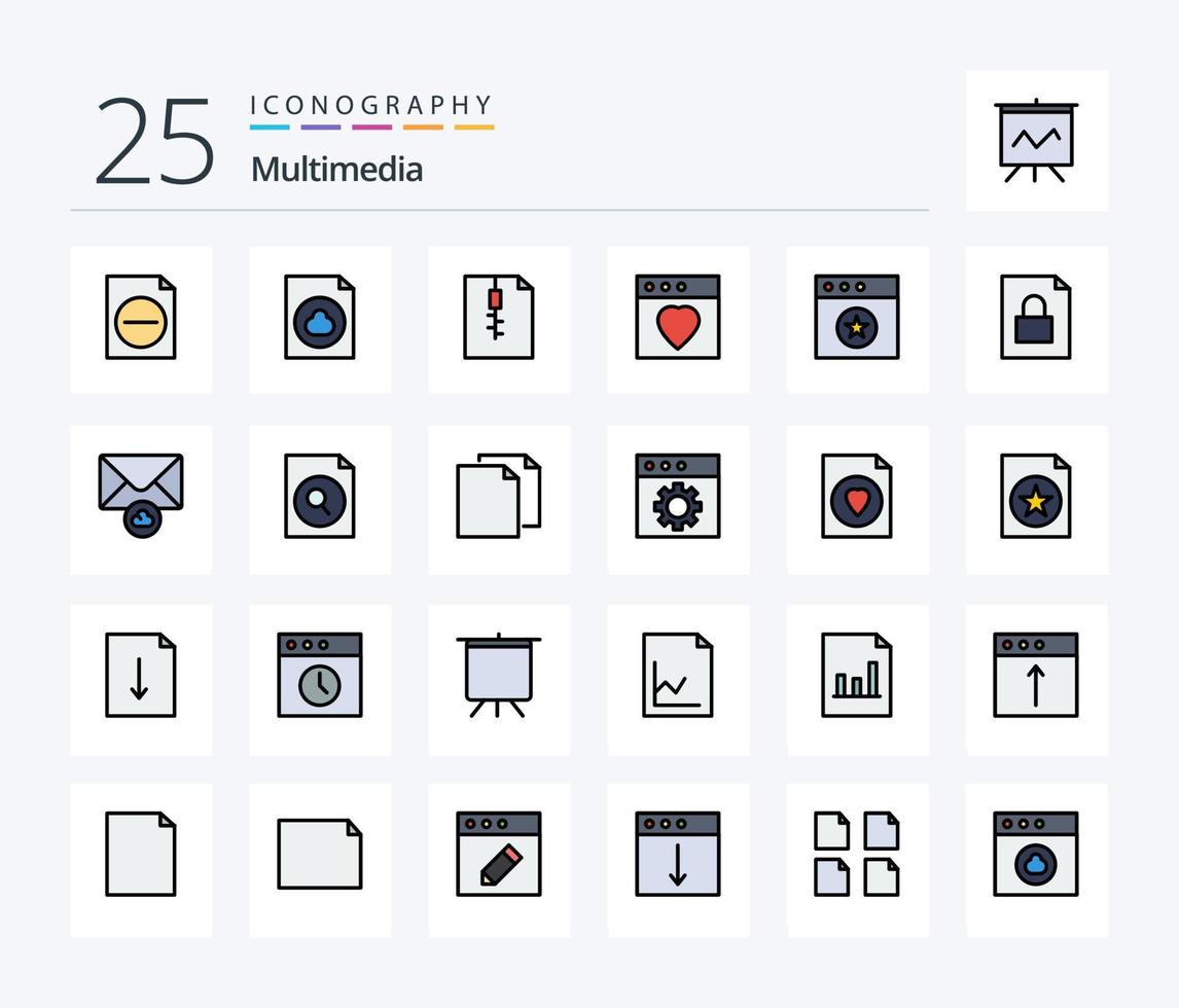 multimedia 25 lijn gevulde icoon pak inclusief mail. wolk. ritssluiting. op slot doen. document vector