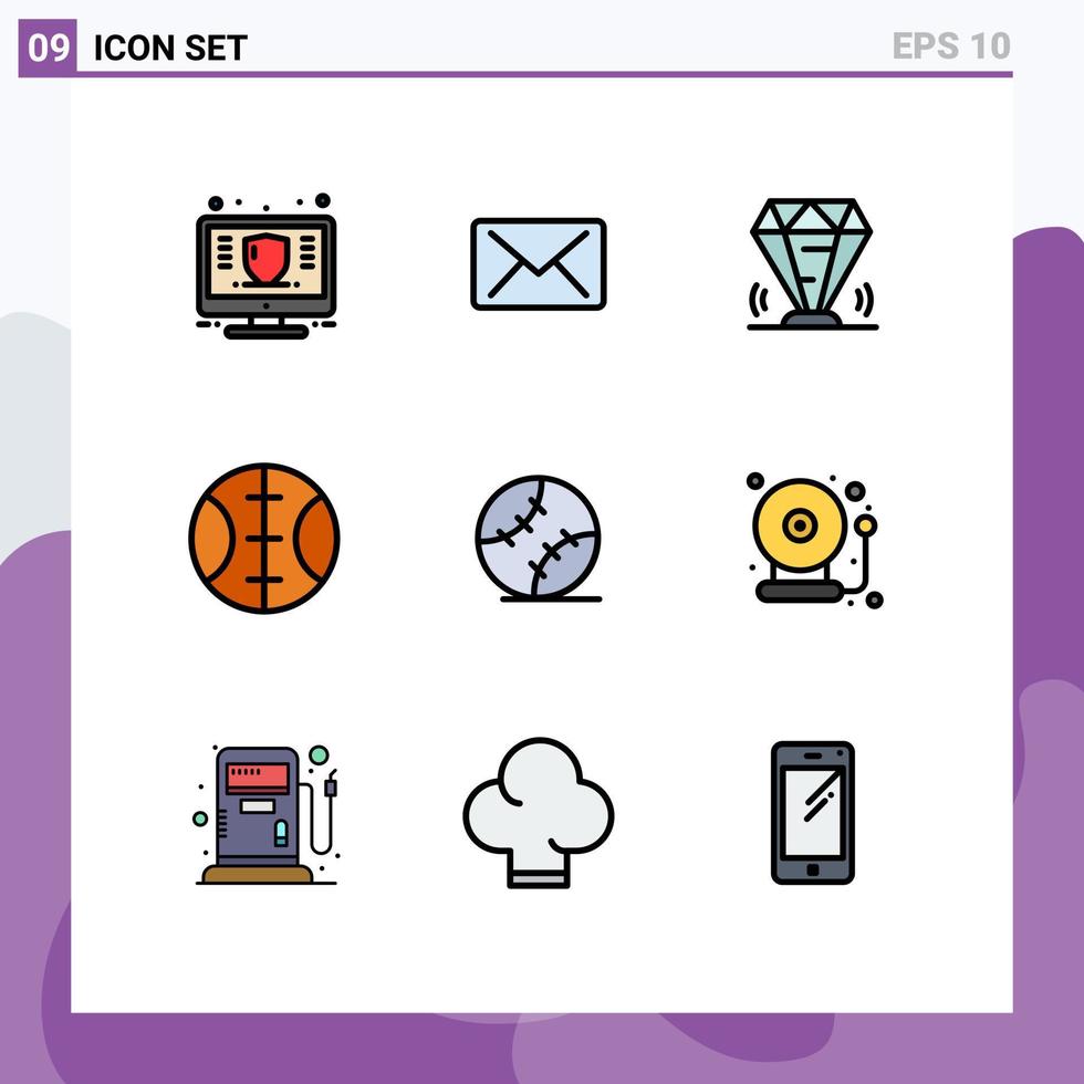 9 gevulde lijn vlak kleur concept voor websites mobiel en apps sport bal diamant sport juweel bewerkbare vector ontwerp elementen