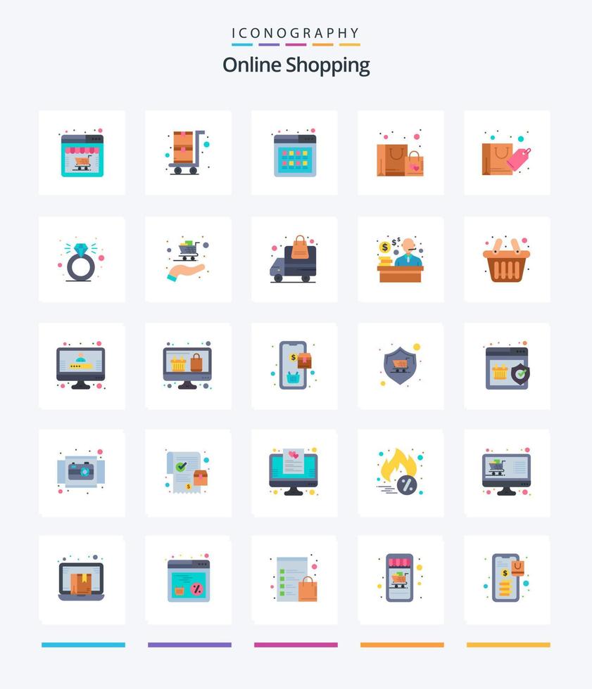 creatief online boodschappen doen 25 vlak icoon pak zo net zo tas. winkelen. kopen. favoriet. Product vector