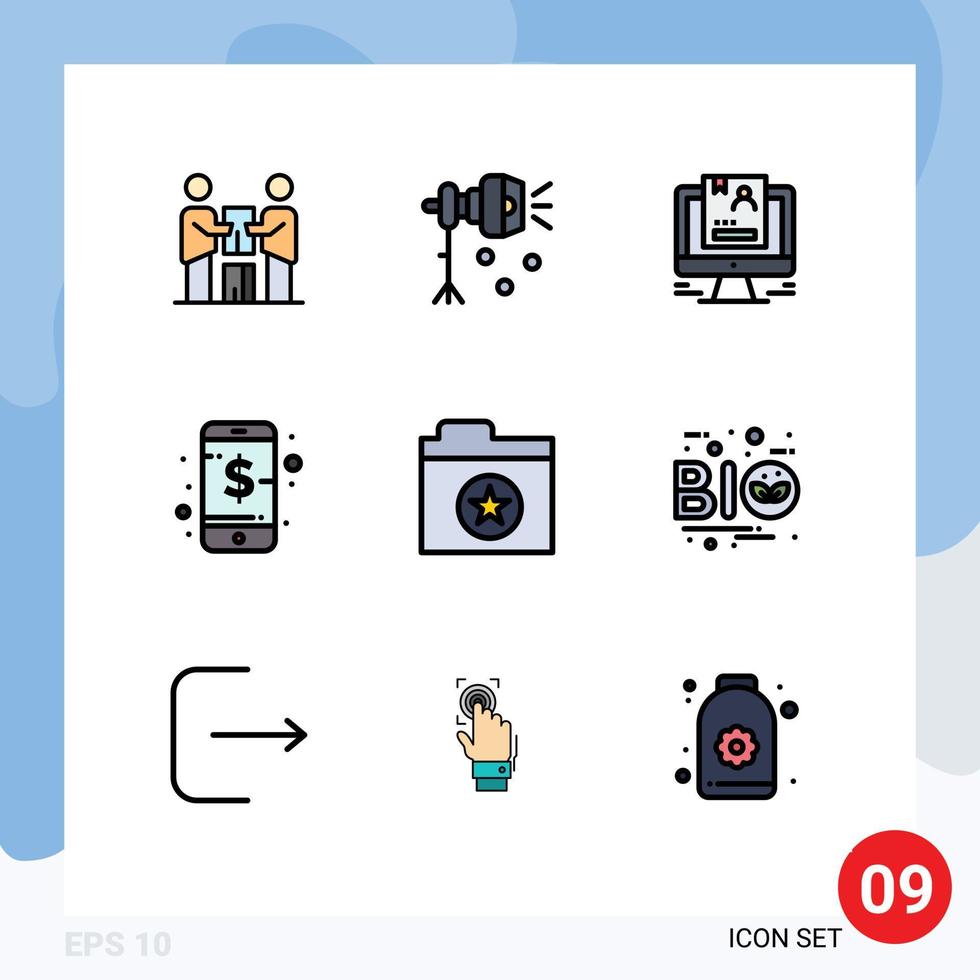 modern reeks van 9 gevulde lijn vlak kleuren pictogram van telefoon bedrijf spotlight CV gebruiker bewerkbare vector ontwerp elementen