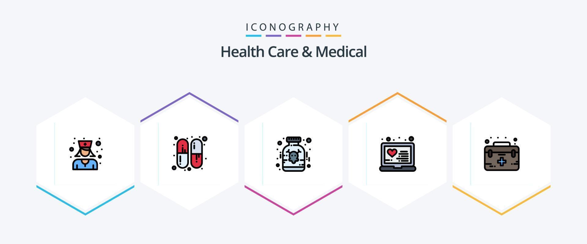 Gezondheid zorg en medisch 25 gevulde lijn icoon pak inclusief medisch. geval. vergif. hulp. online vector