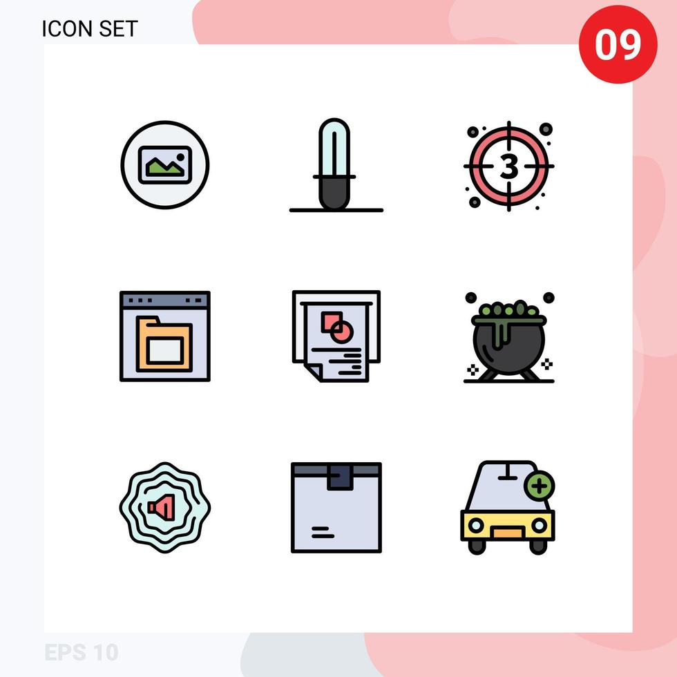 pak van 9 modern gevulde lijn vlak kleuren tekens en symbolen voor web afdrukken media zo net zo diagram map film het dossier browser bewerkbare vector ontwerp elementen