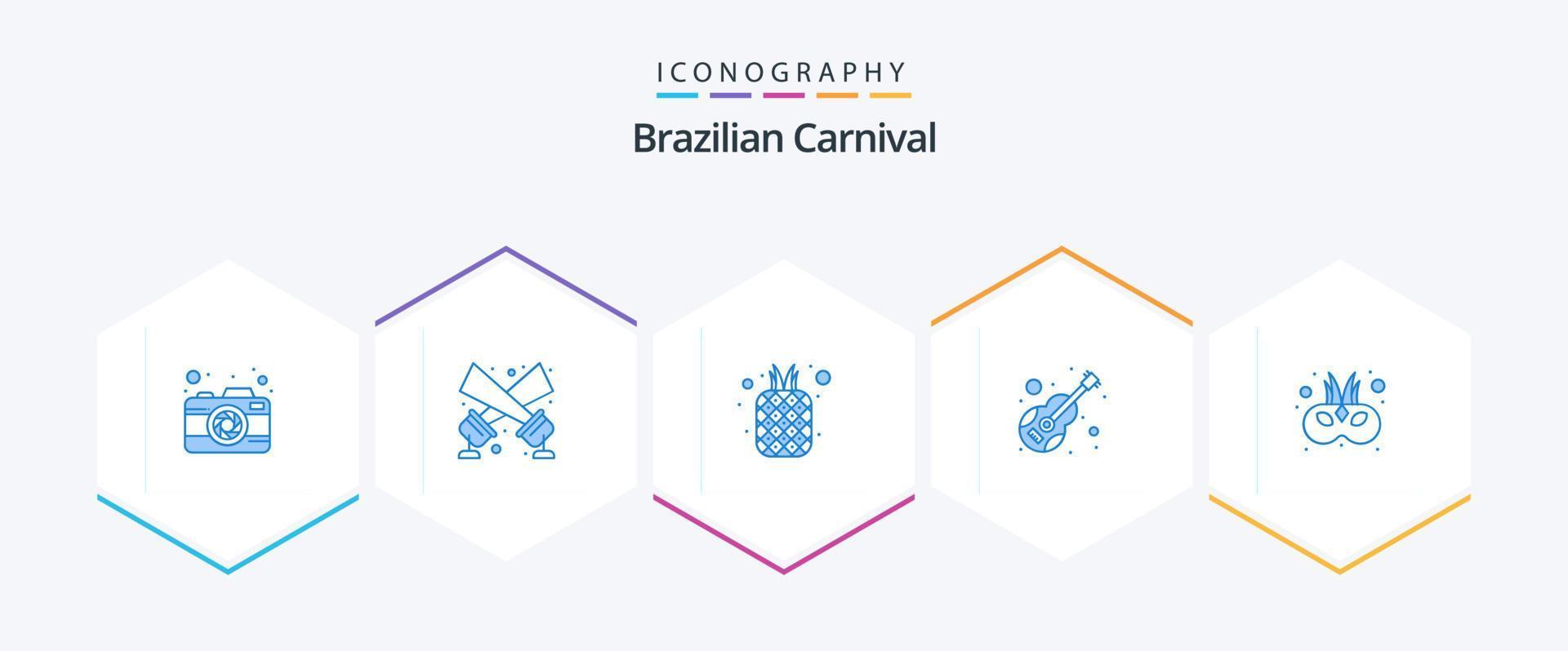 braziliaans carnaval 25 blauw icoon pak inclusief viool. muziek. voedsel. instrument. ananas vector