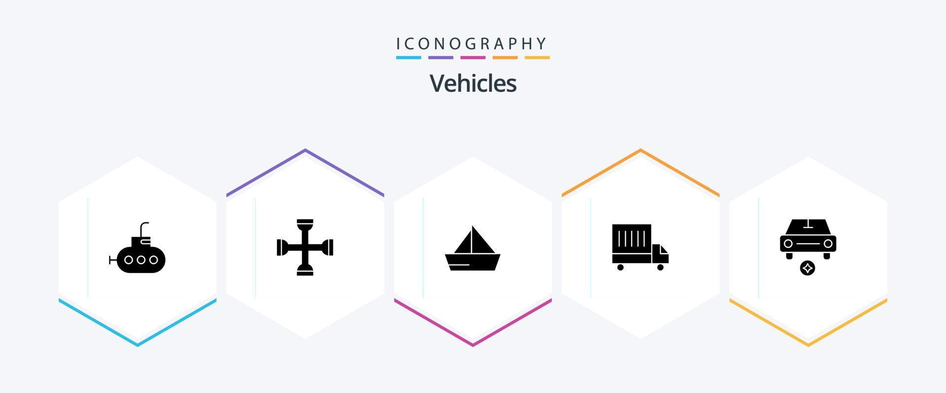 voertuigen 25 glyph icoon pak inclusief ster. auto. zeil. bestelwagen. levering vector