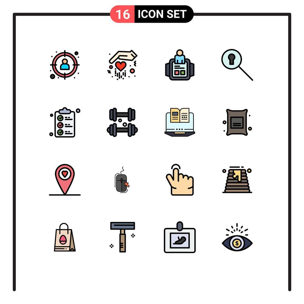 16 vlak kleur gevulde lijn concept voor websites mobiel en apps boodschappen doen controleren lijst hand- kijk maar geheim sleutelgat bewerkbare creatief vector ontwerp elementen