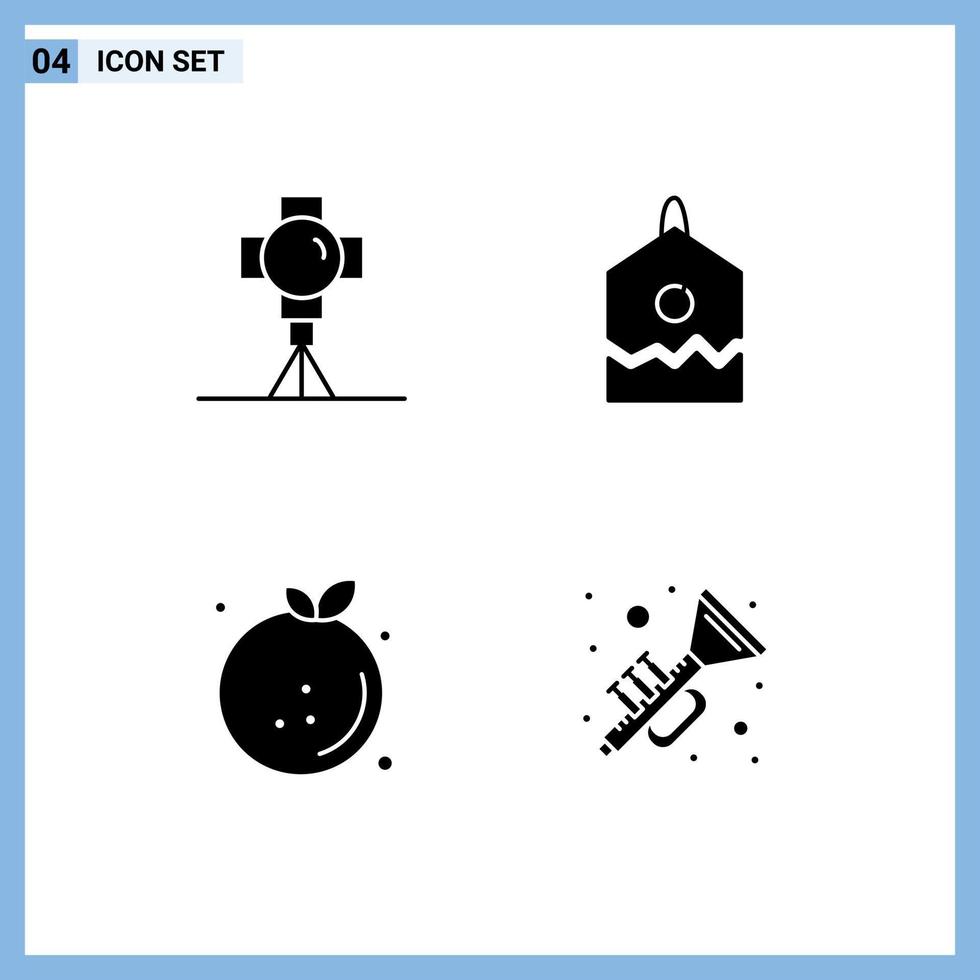 4 solide glyph concept voor websites mobiel en apps bioscoop eetpatroon film over- fruit bewerkbare vector ontwerp elementen