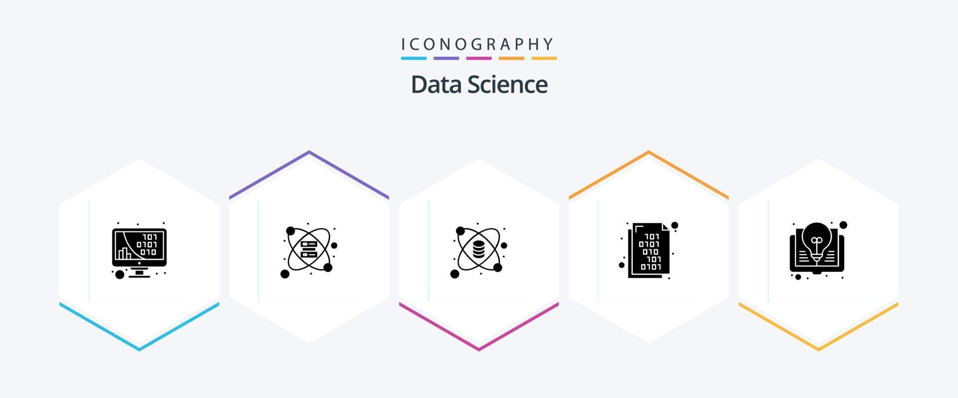 gegevens wetenschap 25 glyph icoon pak inclusief boek. binair code. server. abstract technologie. laboratorium vector