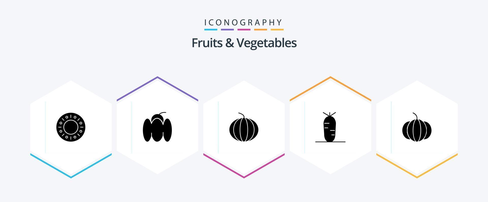 fruit en groenten 25 glyph icoon pak inclusief . watermeloen. . pompoen vector