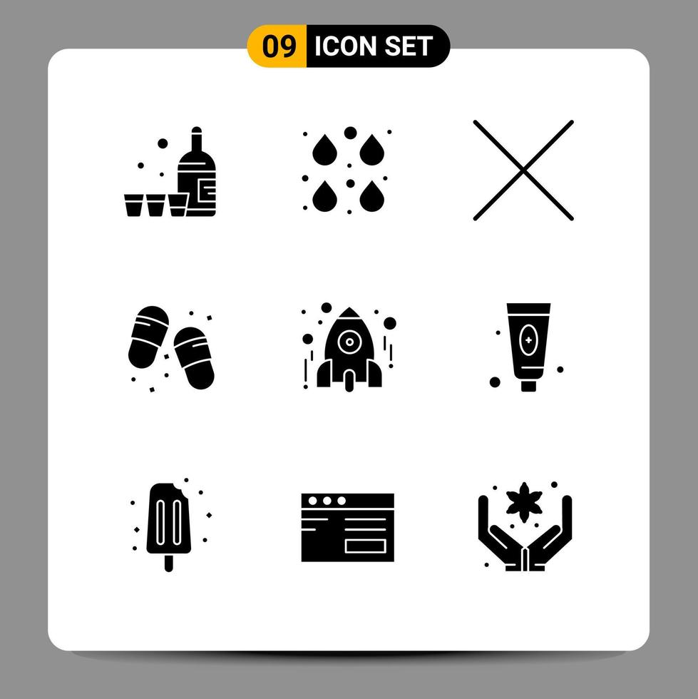 modern reeks van 9 solide glyphs pictogram van raket onderwijs verf slippers omdraaien flops bewerkbare vector ontwerp elementen