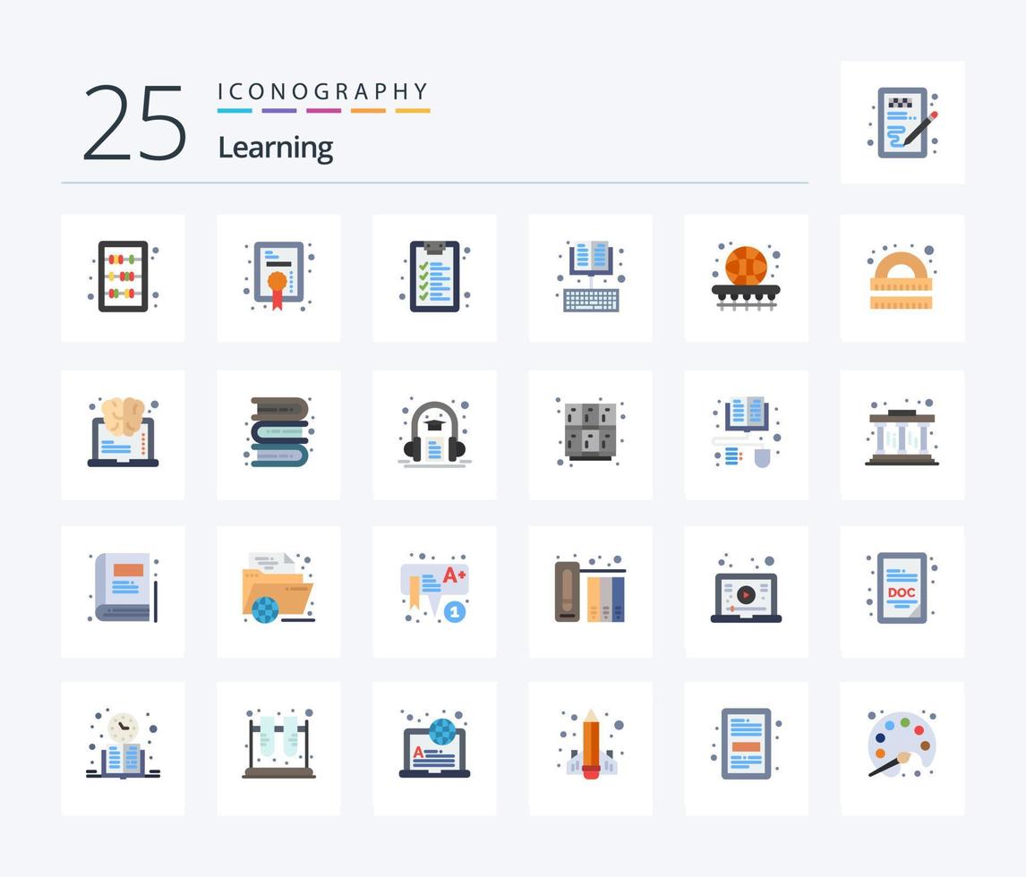 aan het leren 25 vlak kleur icoon pak inclusief mand. aan het leren. controlelijst. onderwijs. boek vector