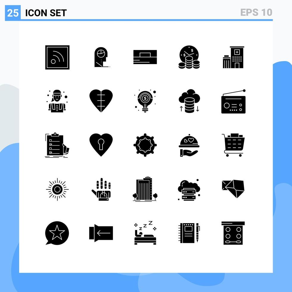 25 solide glyph concept voor websites mobiel en apps kliniek ziekenhuis mode tijd investering bewerkbare vector ontwerp elementen