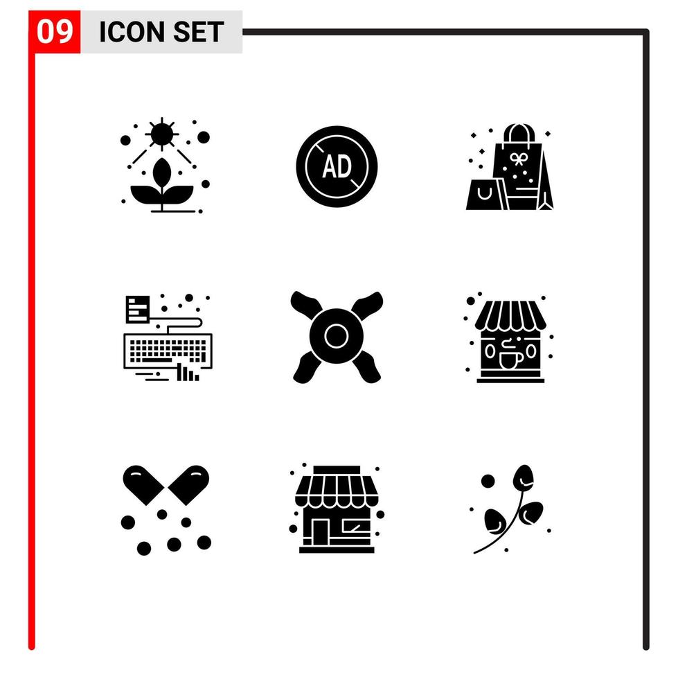 modern reeks van 9 solide glyphs en symbolen zo net zo ventilator vastmaken zak type handen bewerkbare vector ontwerp elementen