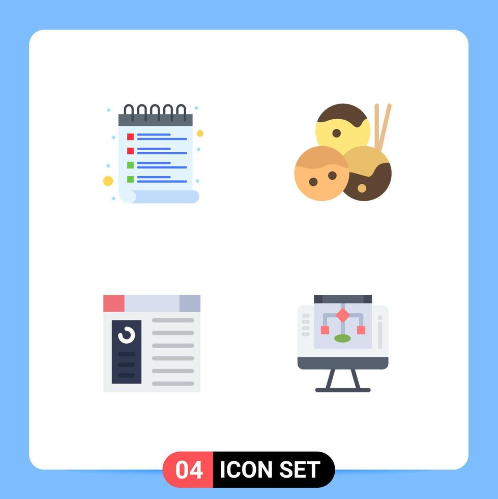pictogram reeks van 4 gemakkelijk vlak pictogrammen van lijst bladzijde controleren lijst takoyaki gegevens sharing bewerkbare vector ontwerp elementen
