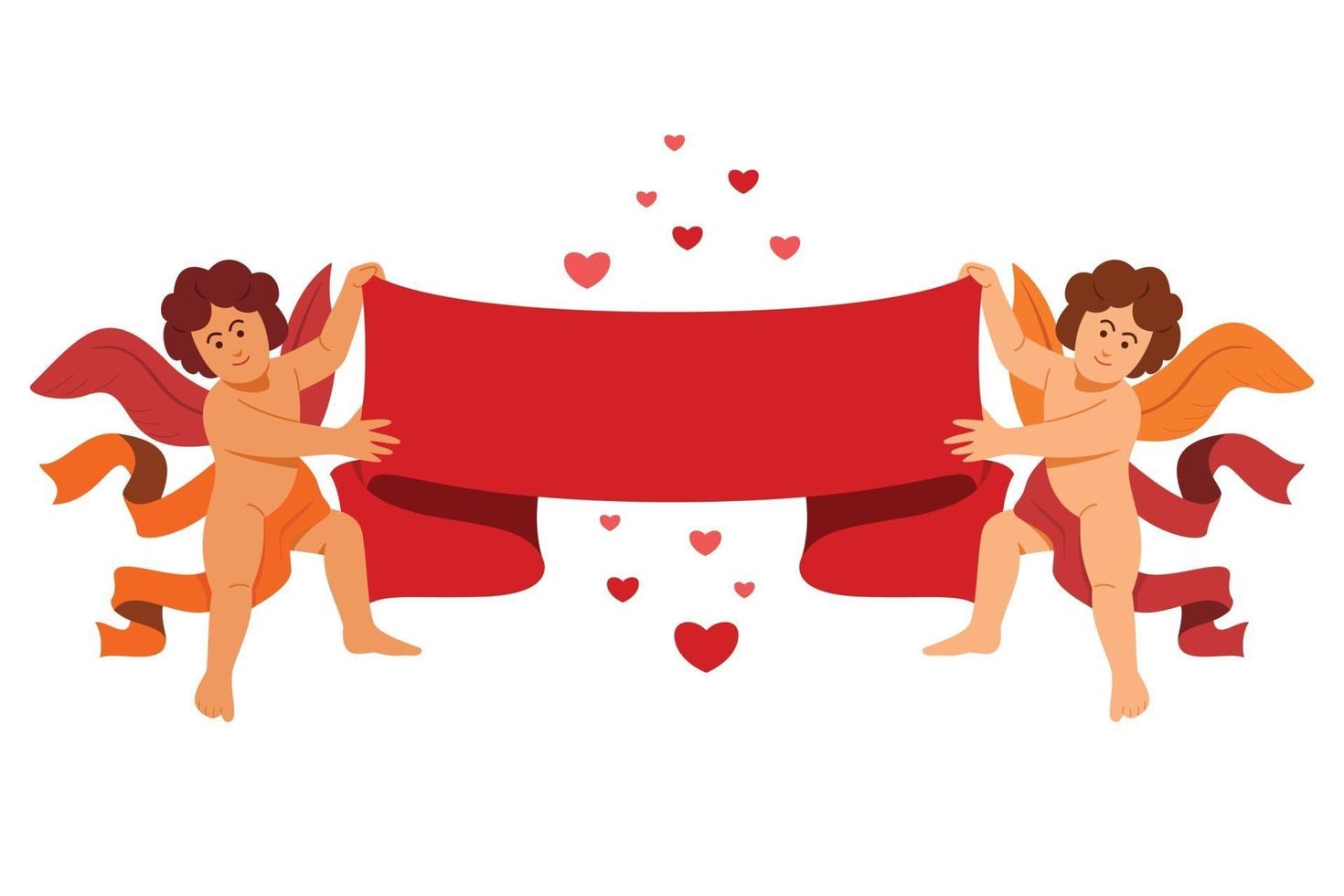de duo-engel houdt een groot lint en hartjes vast voor de valentijndecoratie. vector