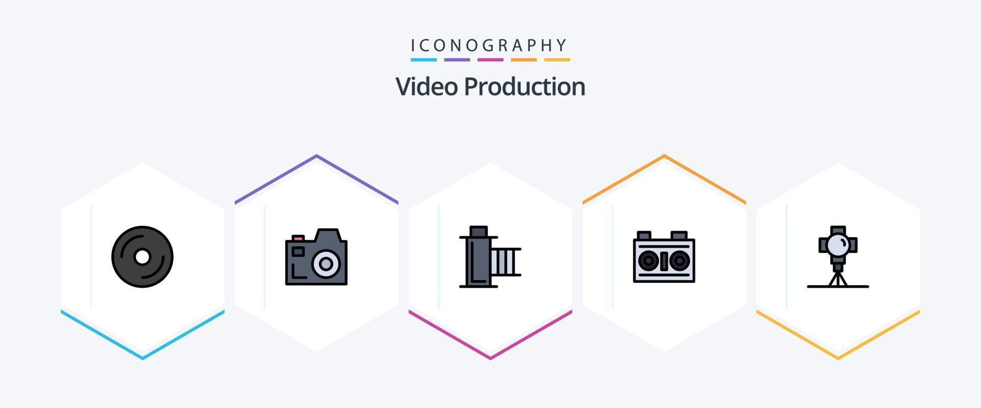 video productie 25 gevulde lijn icoon pak inclusief bioscoop. foto. bioscoop. media. haspel vector