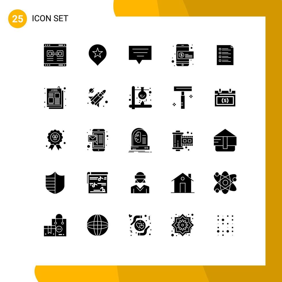 25 solide glyph concept voor websites mobiel en apps het dossier checklist bubbel geld dollar bewerkbare vector ontwerp elementen