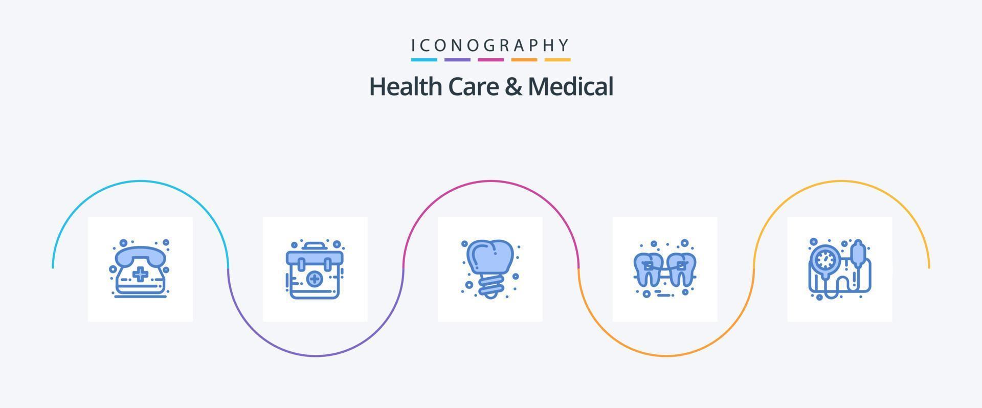 Gezondheid zorg en medisch blauw 5 icoon pak inclusief bp graadmeter. draad. inplanten. tand. vulling vector