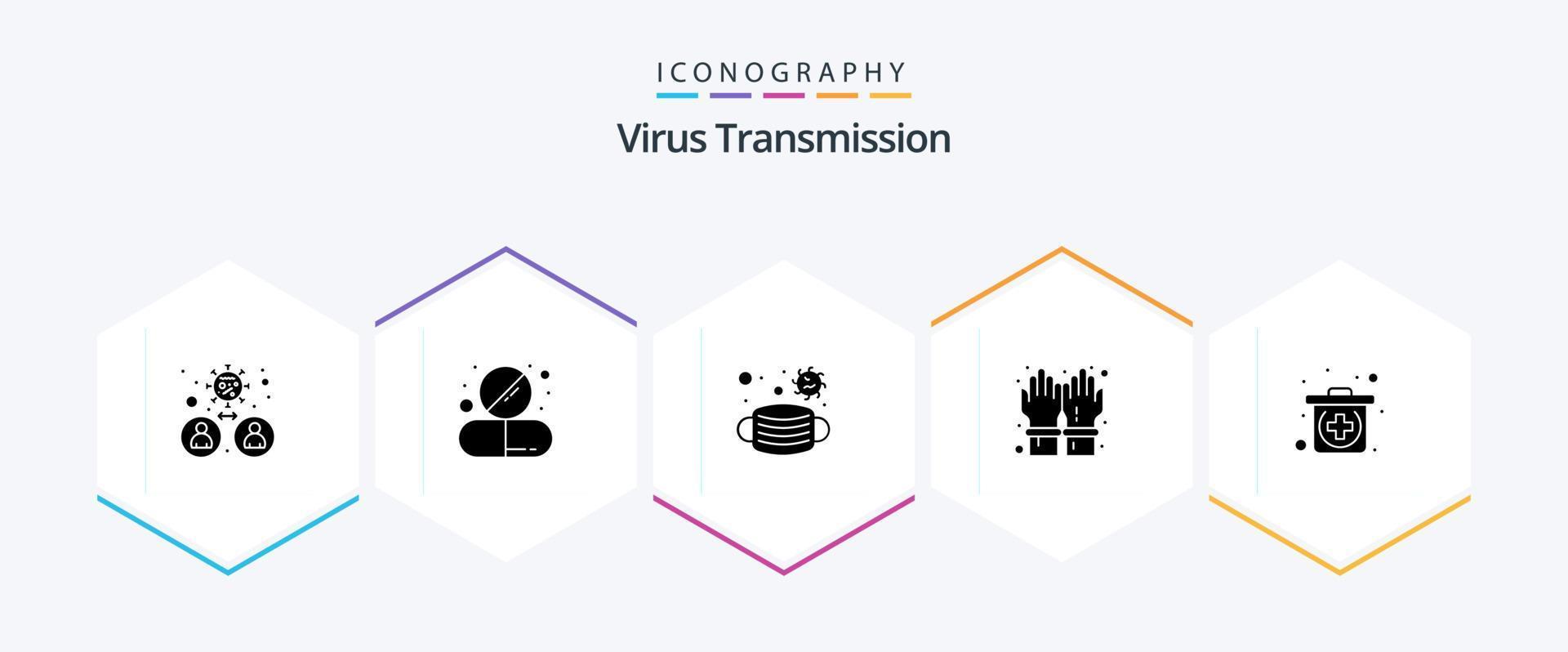 virus transmissie 25 glyph icoon pak inclusief uitrusting. zeker. gezicht. veiligheid. handschoenen vector