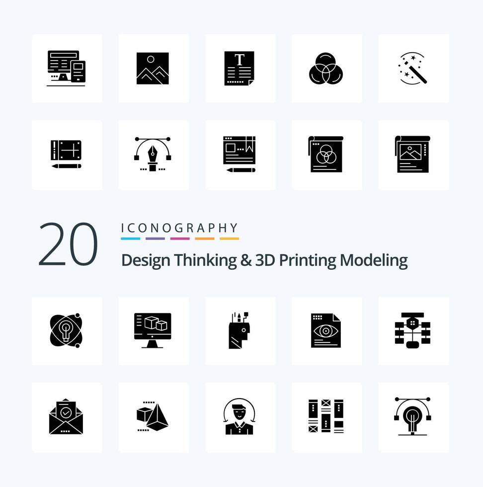 20 ontwerp denken en d het drukken modellering solide glyph icoon pak Leuk vinden stromen berekenen onderwijs oog het dossier vector