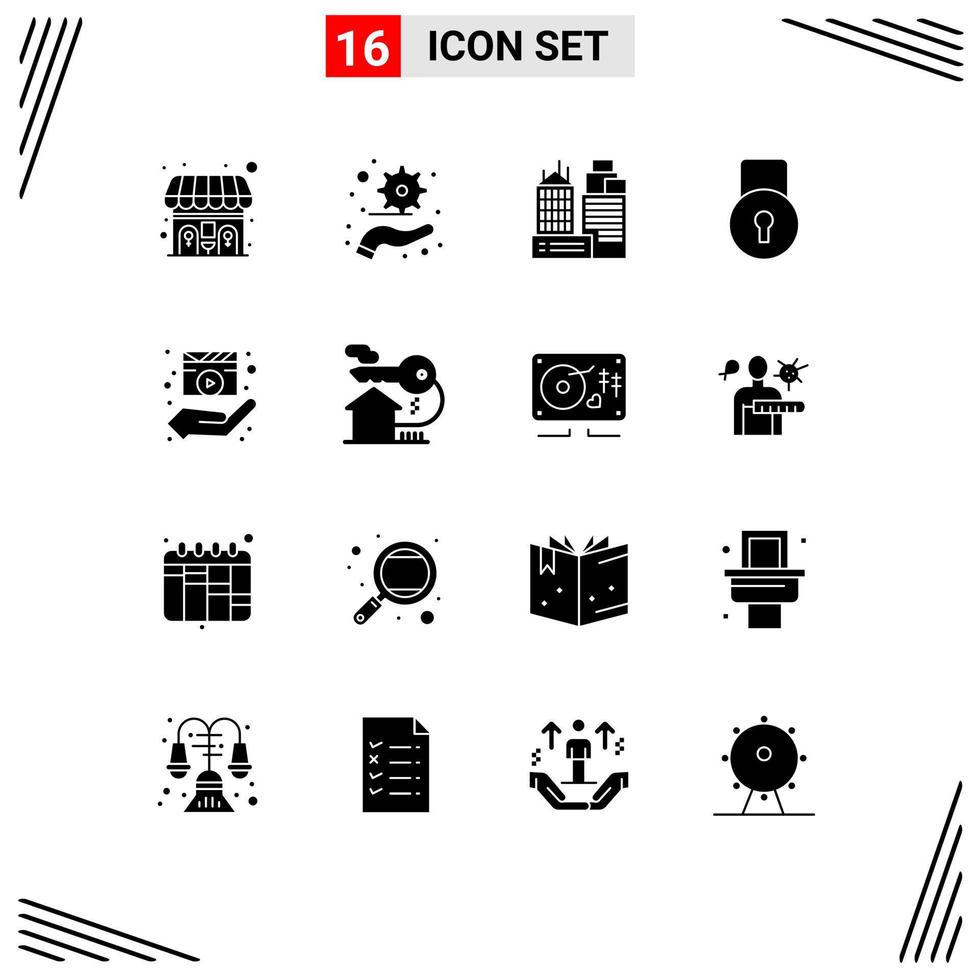 modern reeks van 16 solide glyphs pictogram van media speler film plaats regisseur beschermen bewerkbare vector ontwerp elementen