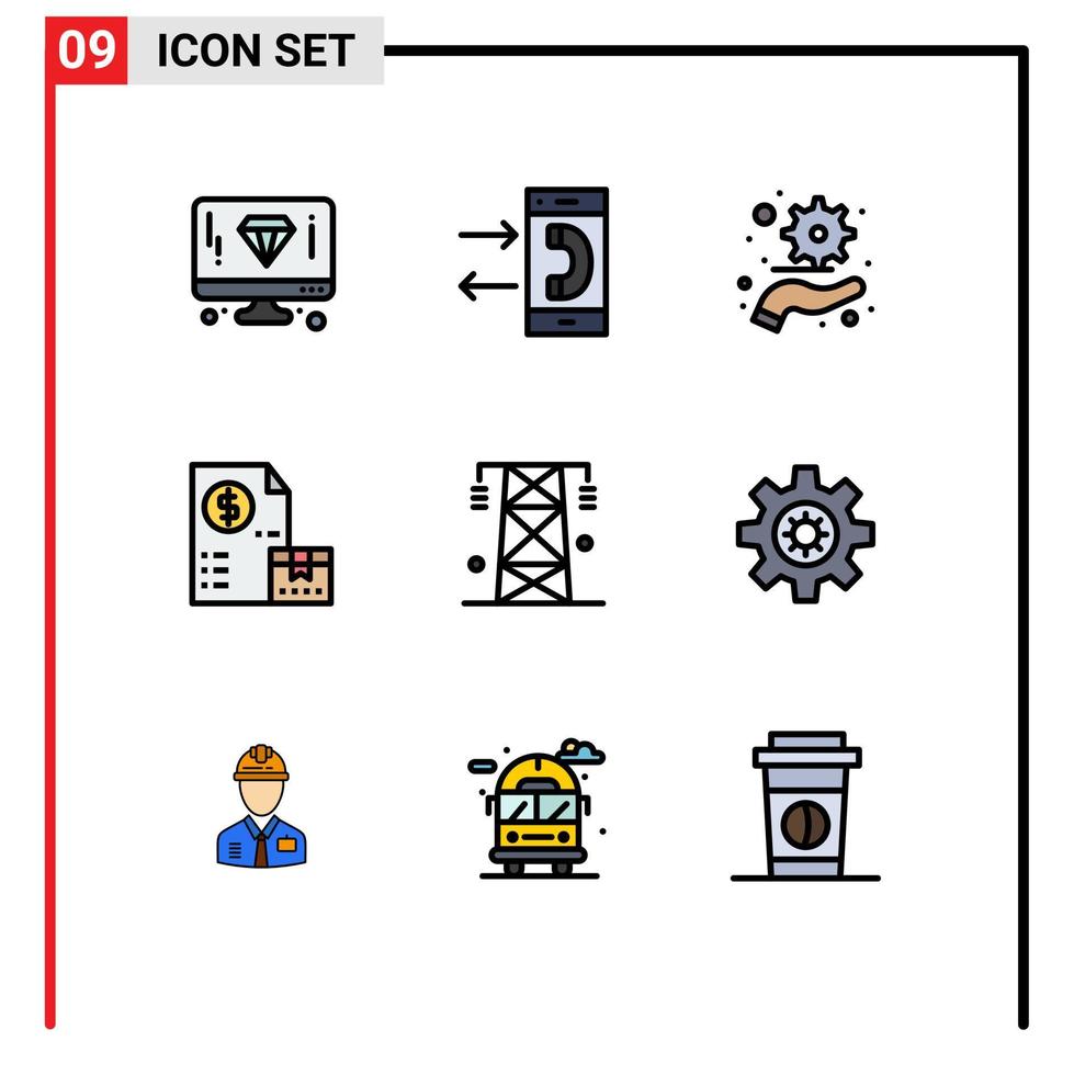 modern reeks van 9 gevulde lijn vlak kleuren pictogram van elektriciteit geld uitgaand markt contant geld bewerkbare vector ontwerp elementen