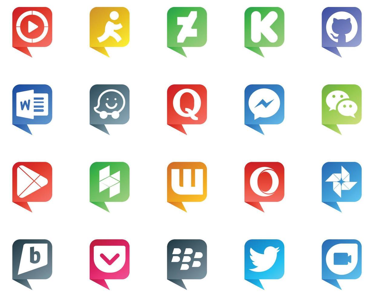 20 sociaal media toespraak bubbel stijl logo Leuk vinden opera hoezo quora apps boodschapper vector