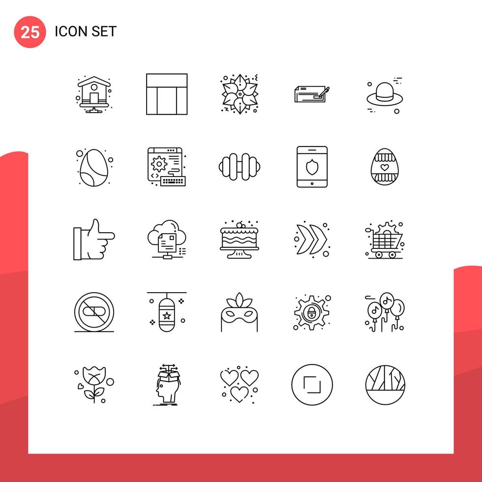 universeel icoon symbolen groep van 25 modern lijnen van hoed financiën bloem bedrijf bank bewerkbare vector ontwerp elementen