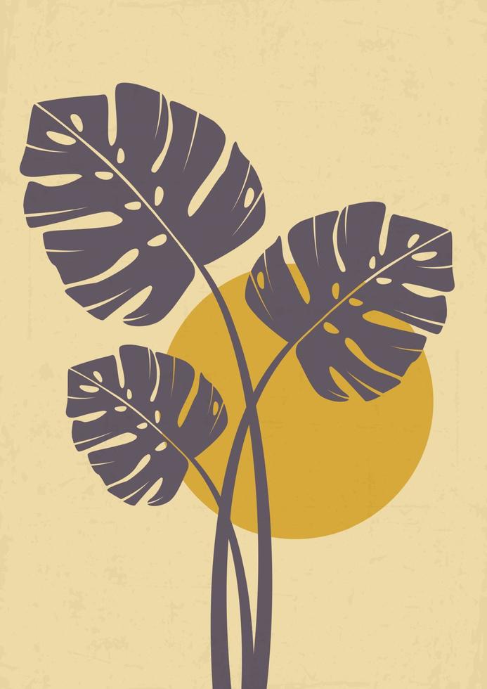 minimalistisch illustratie met monstera en zon. modern stijl muur decor. verzameling van hedendaags artistiek posters voor afdrukken, logotype vector