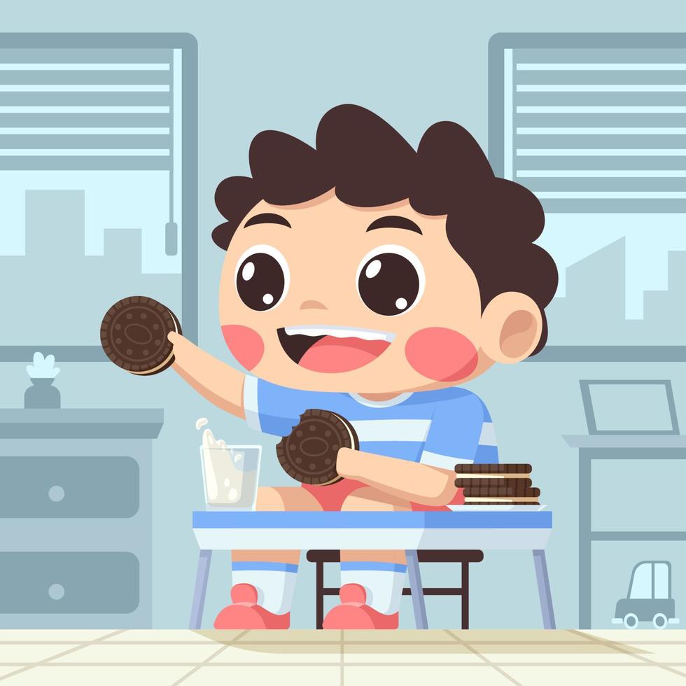 jongen aan het eten koekjes en melk vector