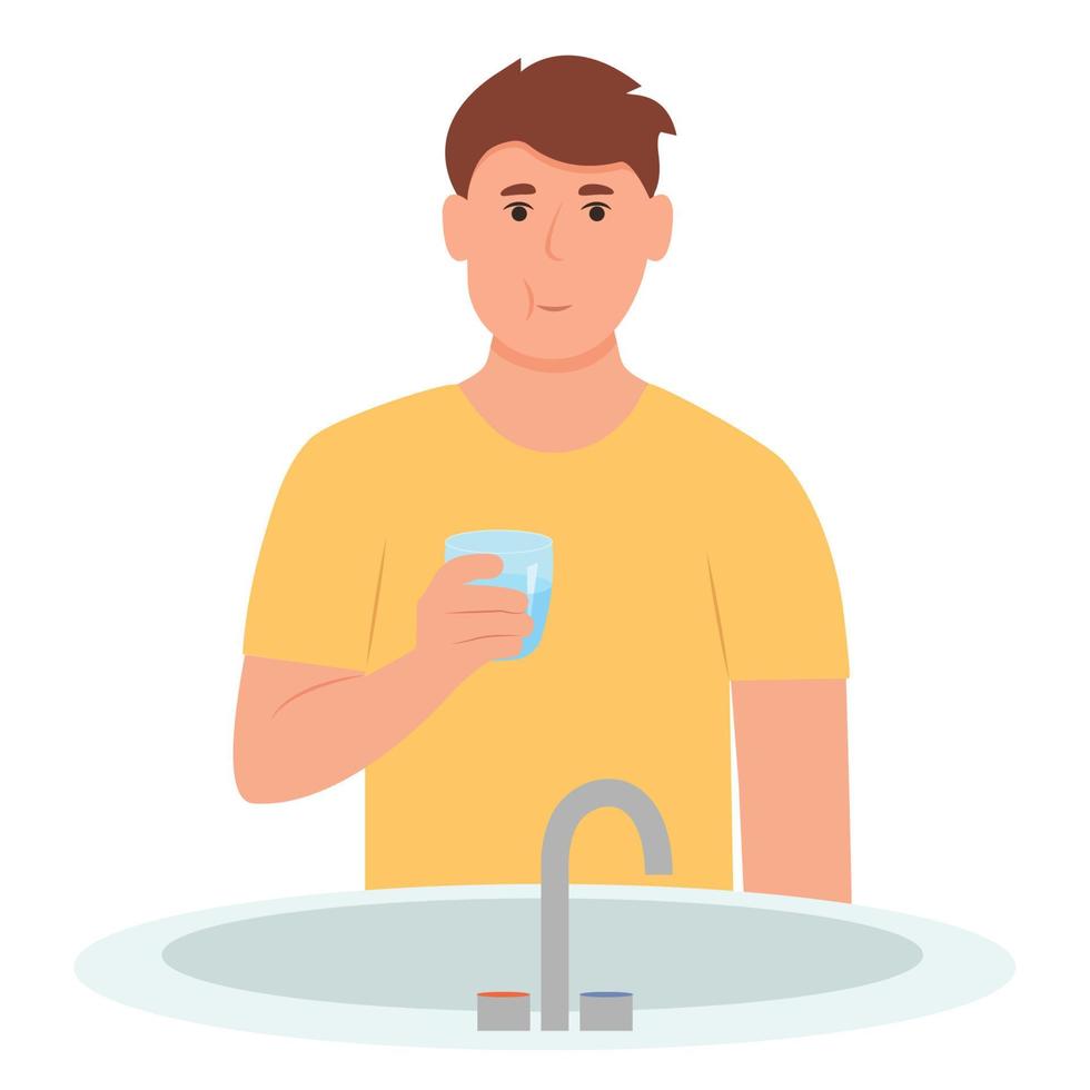 Mens gebruik makend van mondwater voor vers adem en plaque preventie. spoelen , gorgelen mond. dagelijks mondeling hygiëne routine. vector illustratie geïsoleerd Aan wit achtergrond