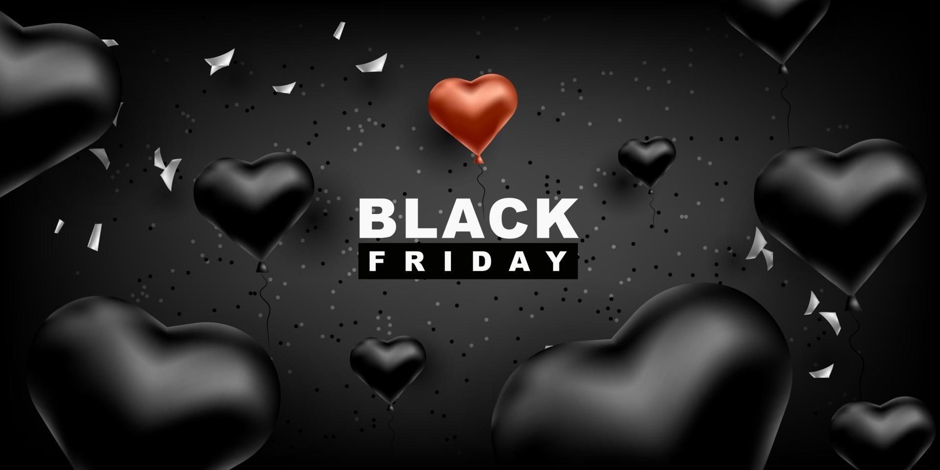 zwarte vrijdag vector achtergrond. donkere sjabloon voor een banner met zwarte ballonnen hartvorm
