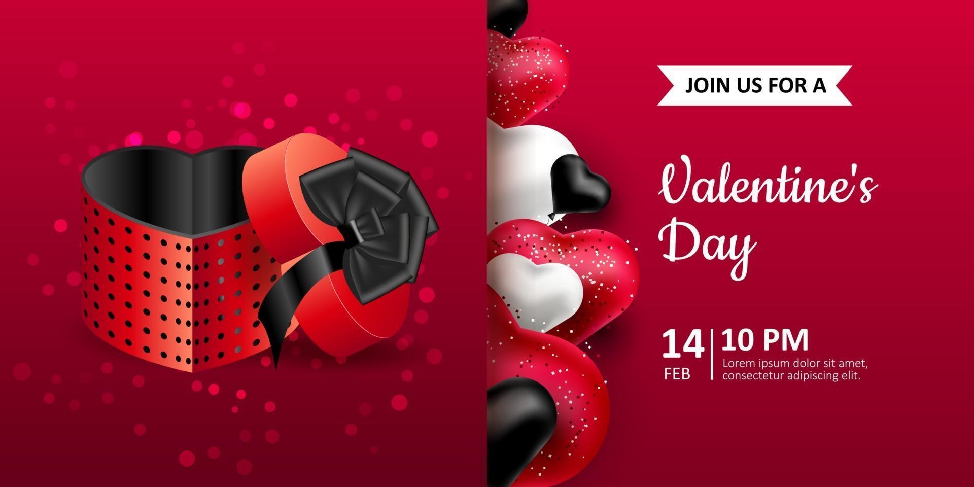 fijne Valentijnsdag. vector briefkaart uitnodiging met realistische verpakking en hartvormige ballonnen. rode achtergrond, zwarte en witte ballonnen