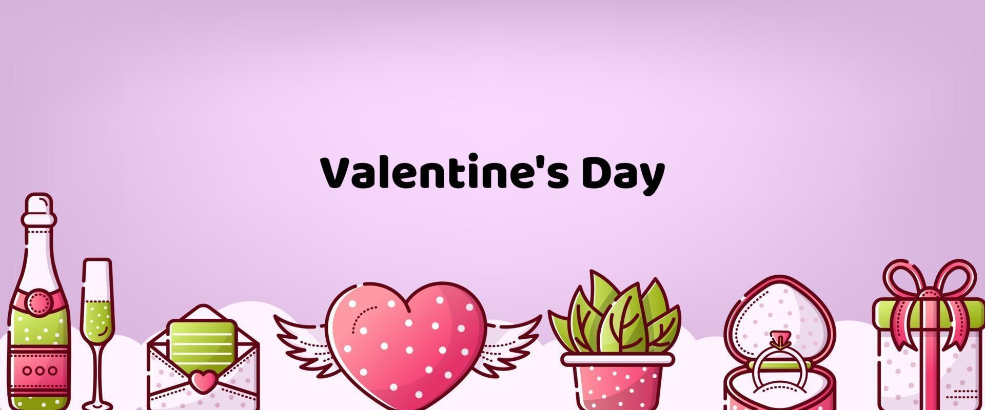 Valentijnsdag. vector leuke achtergrond voor banner, briefkaart, hart, cadeau, champagne, ring en bloemen. lineaire stijl. huwelijk en liefde