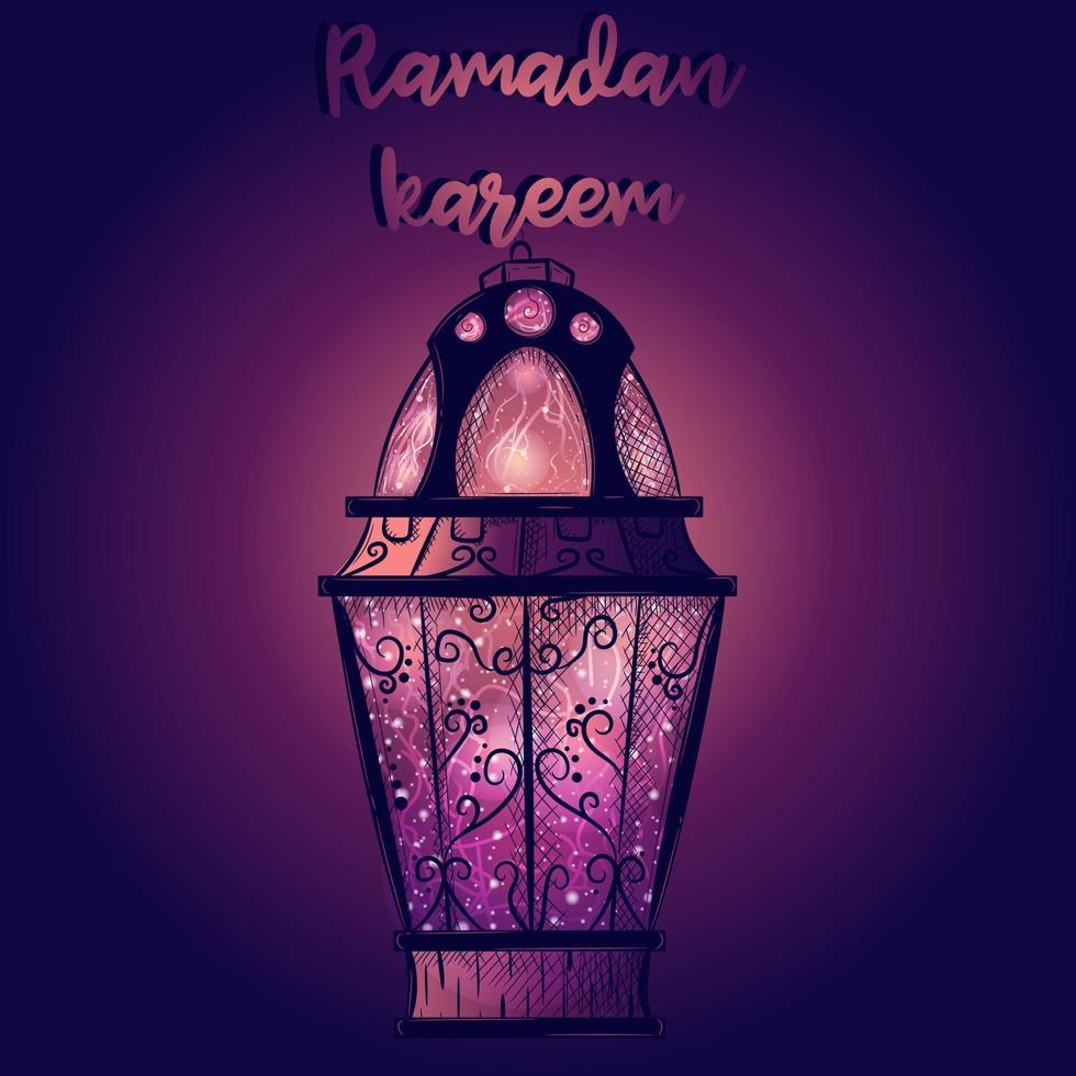 verloop behang met islamitische ramadan lantaarn. paarse wenskaart met een Arabische kaars vol sterren en licht. Midden-Oosten culturele en religieuze feestdag. vector