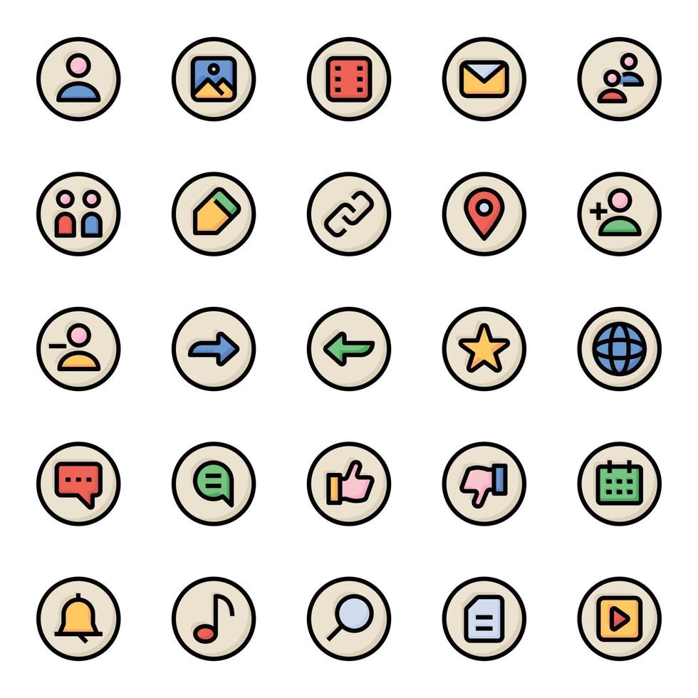 gevulde kleur schets pictogrammen voor sociaal netwerken. vector
