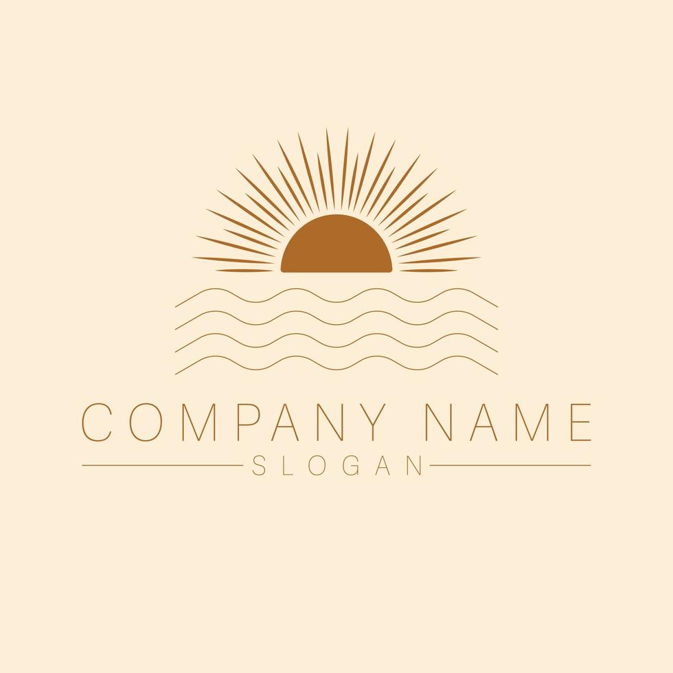 Boheems logo met zee en zon. zonsondergang zonsopkomst logotype.luxe reizen sjabloon. vector