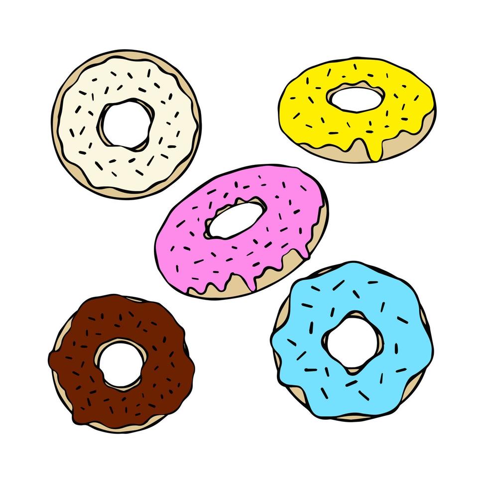 reeks van donut met blauw en roze glazuur. verzameling van zoet suiker toetje met glazuur. schets tekenfilm illustratie geïsoleerd Aan wit achtergrond vector